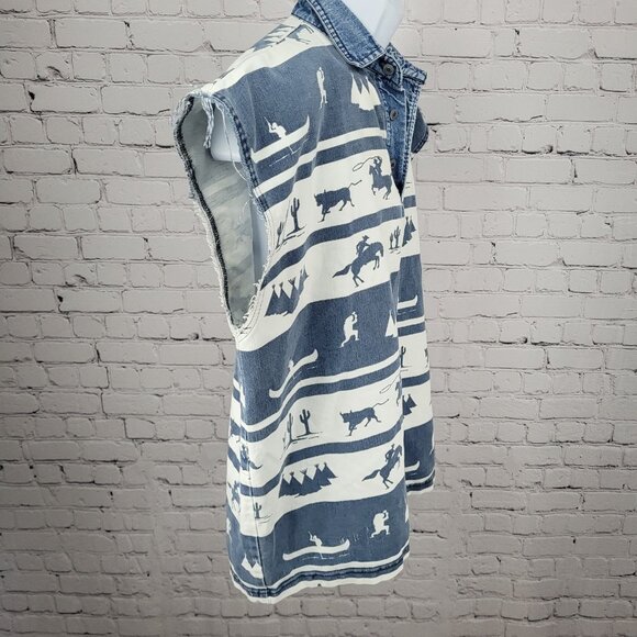 VTG Structure Activewear Blue White Western Cowboy Sleeveless Shirt USA Large - Picture 13 of 14